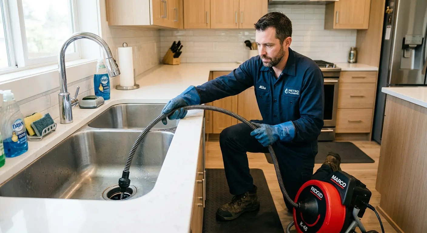 Drain cleaning technician using a motorized snake on a kitchen sink in Cortlandville