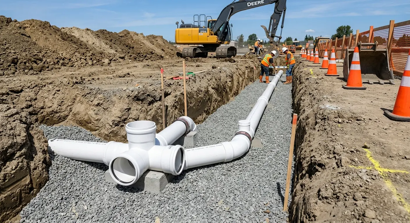 New PVC sewer pipe installation in open trench for Grease Trap Cleaning in Cortlandville