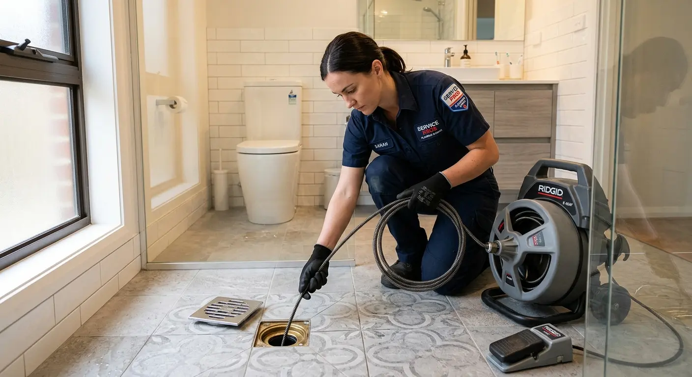 Technician clearing a bathroom floor drain for Sewer Line Installation in Cortlandville